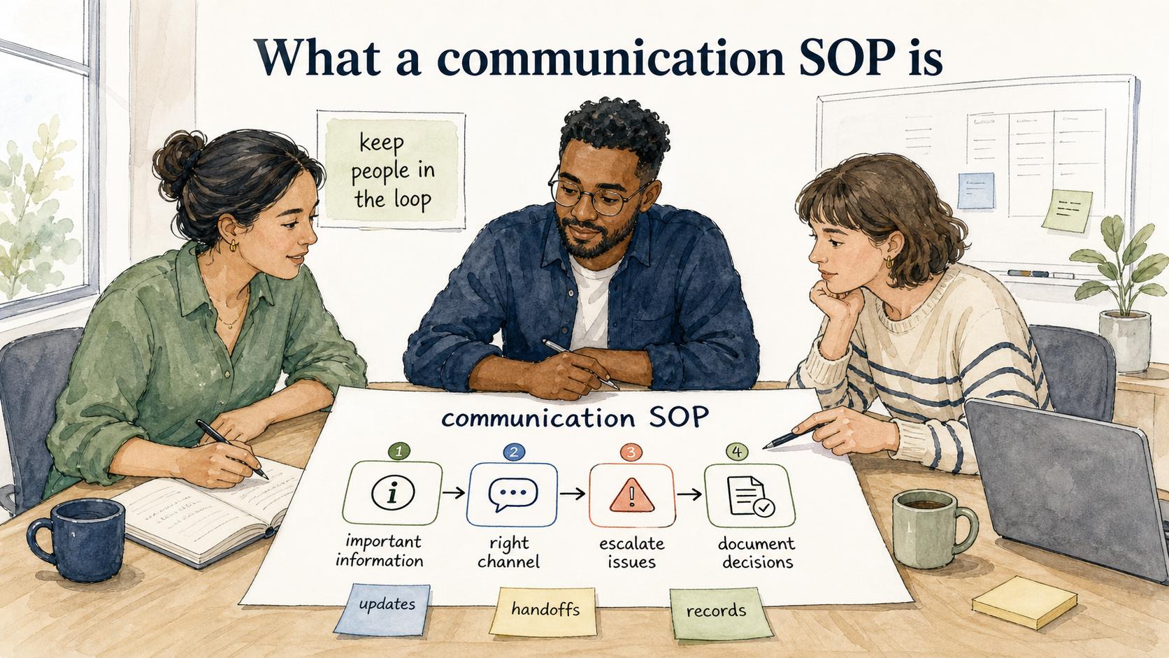 A communication SOP turns keep people in the loop into a repeatable process for sharing information, choosing channels, escalating issues, and documenting decisions.