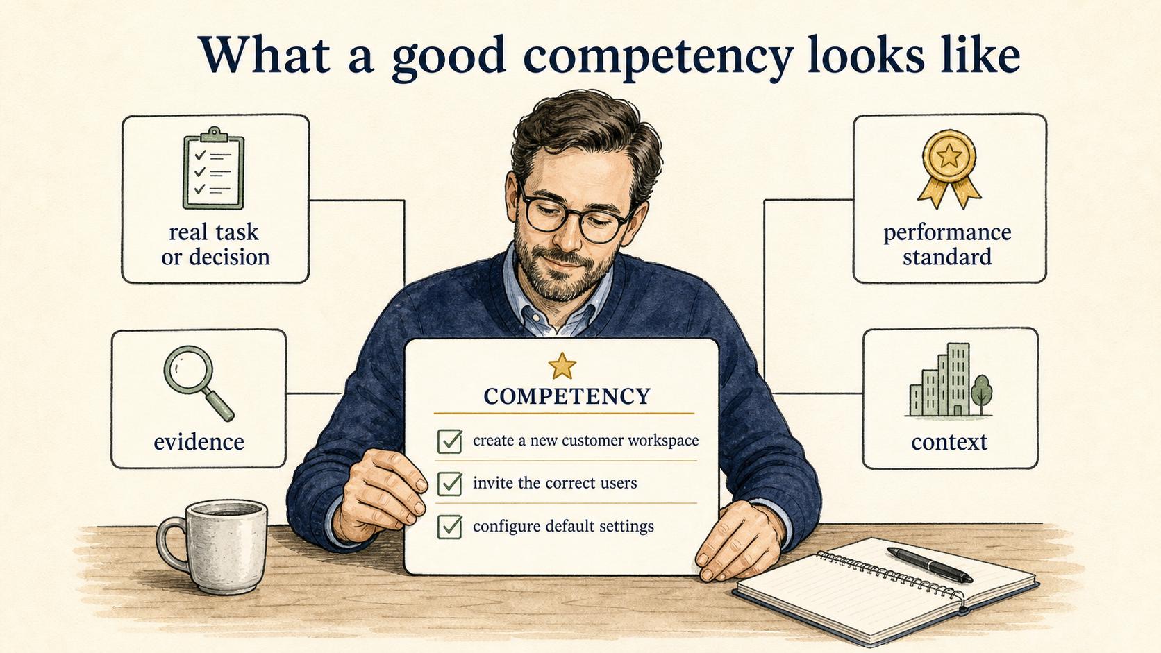 A useful competency connects a real task with a clear performance standard, observable evidence, and relevant context.