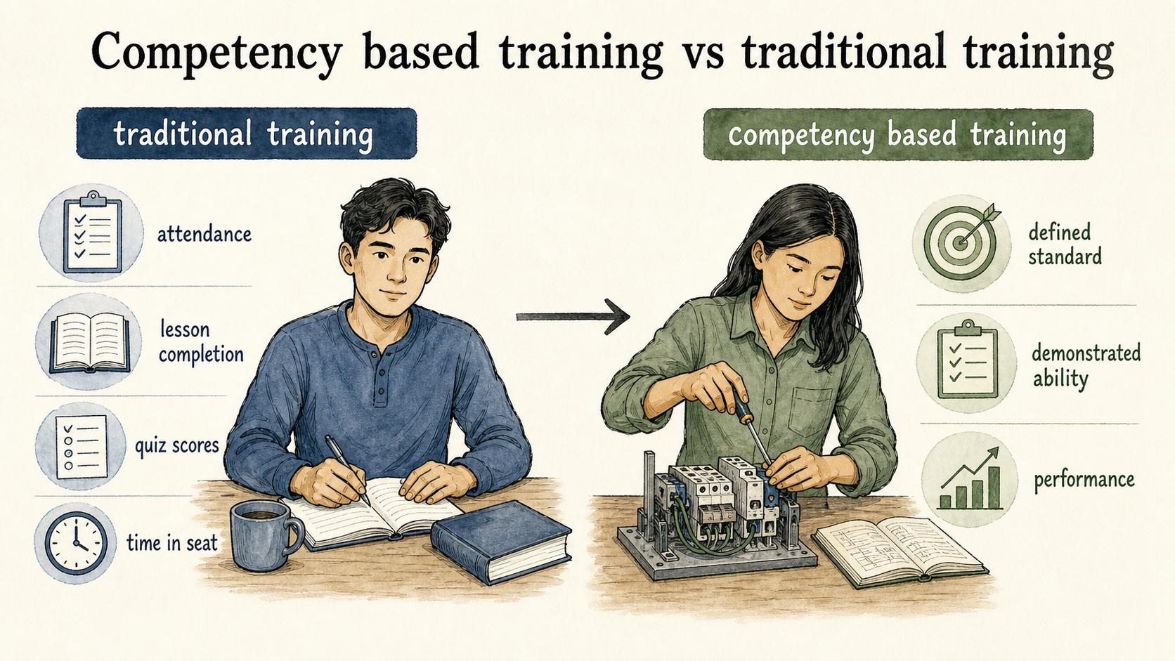 Traditional training measures participation, while competency based training measures demonstrated ability against a defined standard.