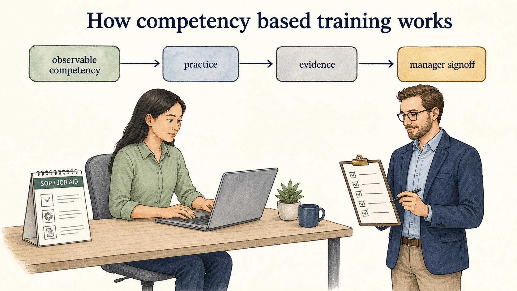 Competency based training works backward from observable skills to practice, evidence, and manager signoff.