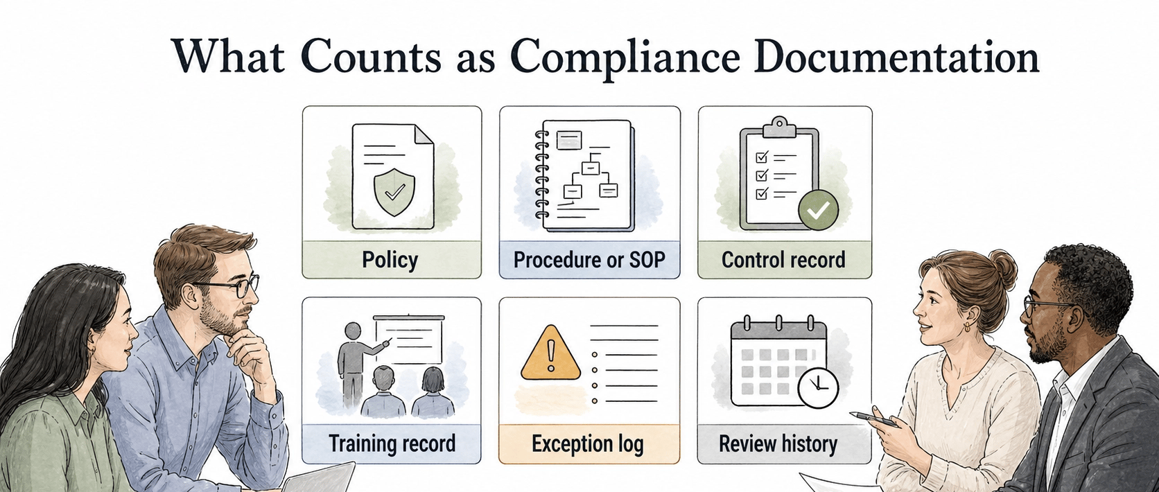 Compliance documentation includes policies, procedures, control records, training records, exception logs, and review history.