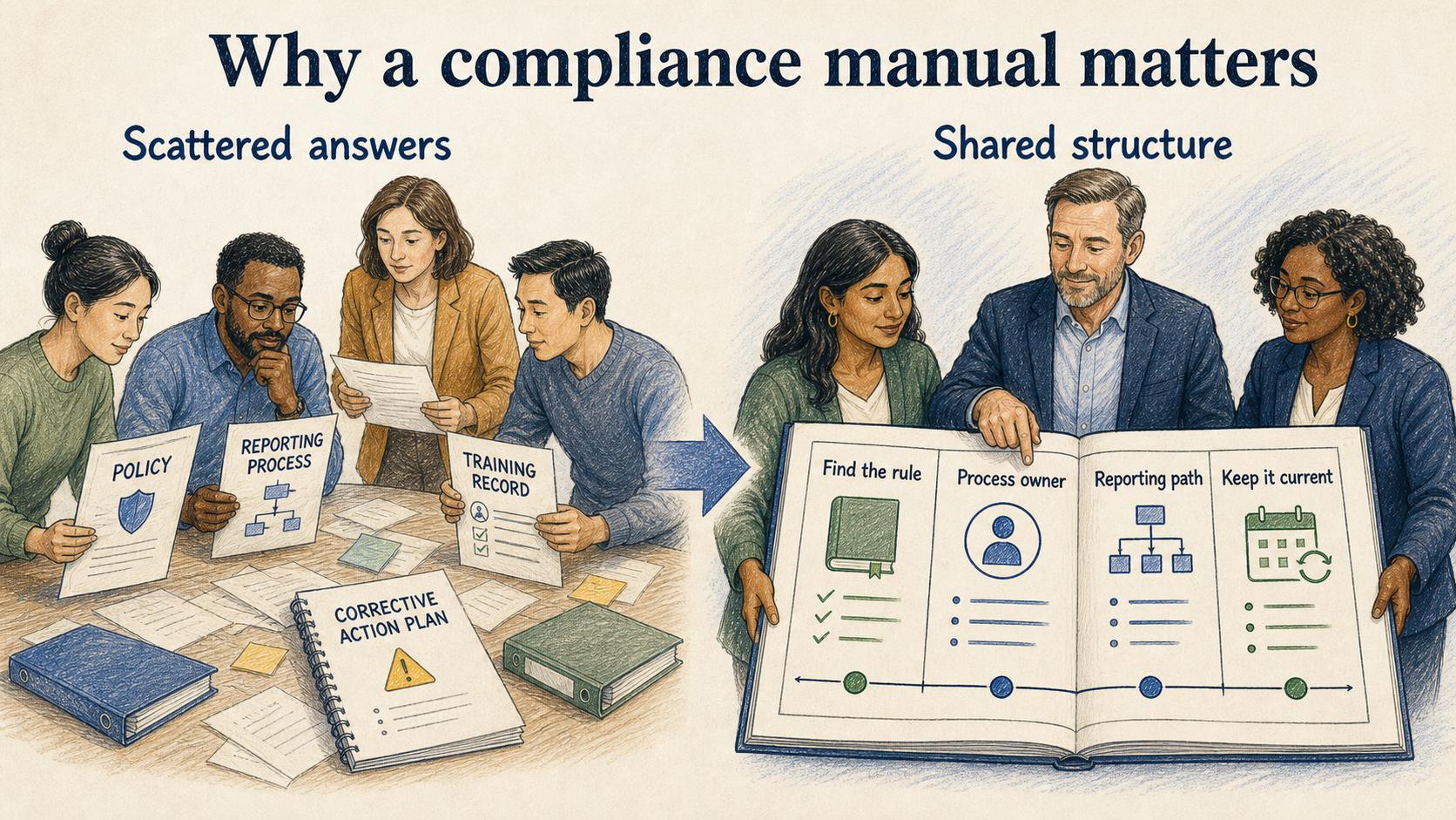 A compliance manual brings scattered policies, reporting processes, training records, and corrective actions into one shared operating structure.