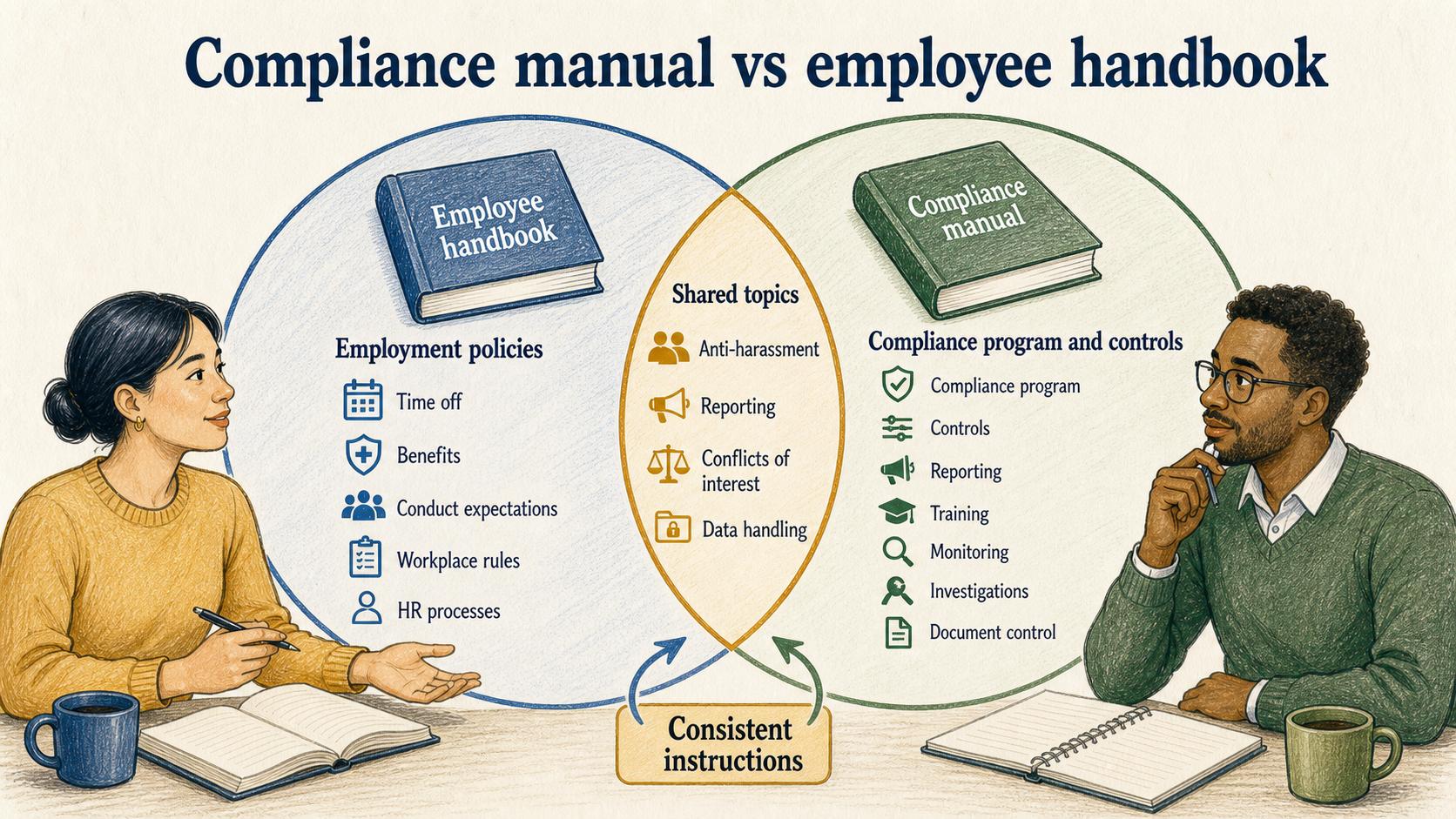 An employee handbook explains general employment policies, while a compliance manual maps the organization’s compliance program and controls.