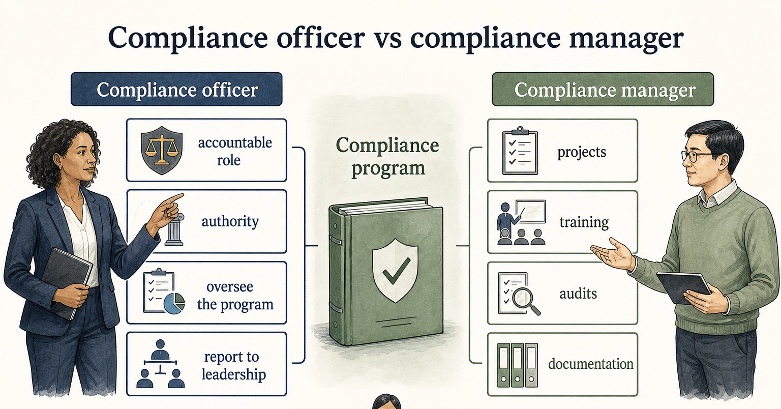 Comparison of a compliance officer's accountable oversight role with a compliance manager's operational project, training, audit, and documentation work.
