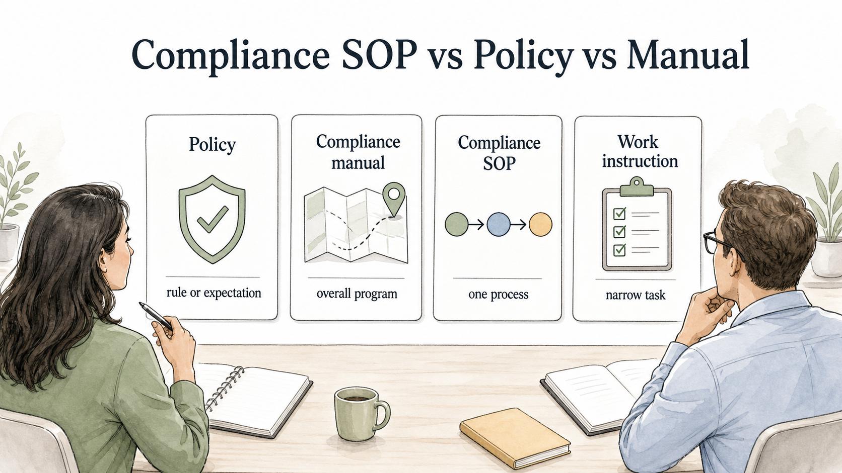 Policies define expectations, manuals explain the overall program, SOPs cover one process, and work instructions cover narrow tasks.
