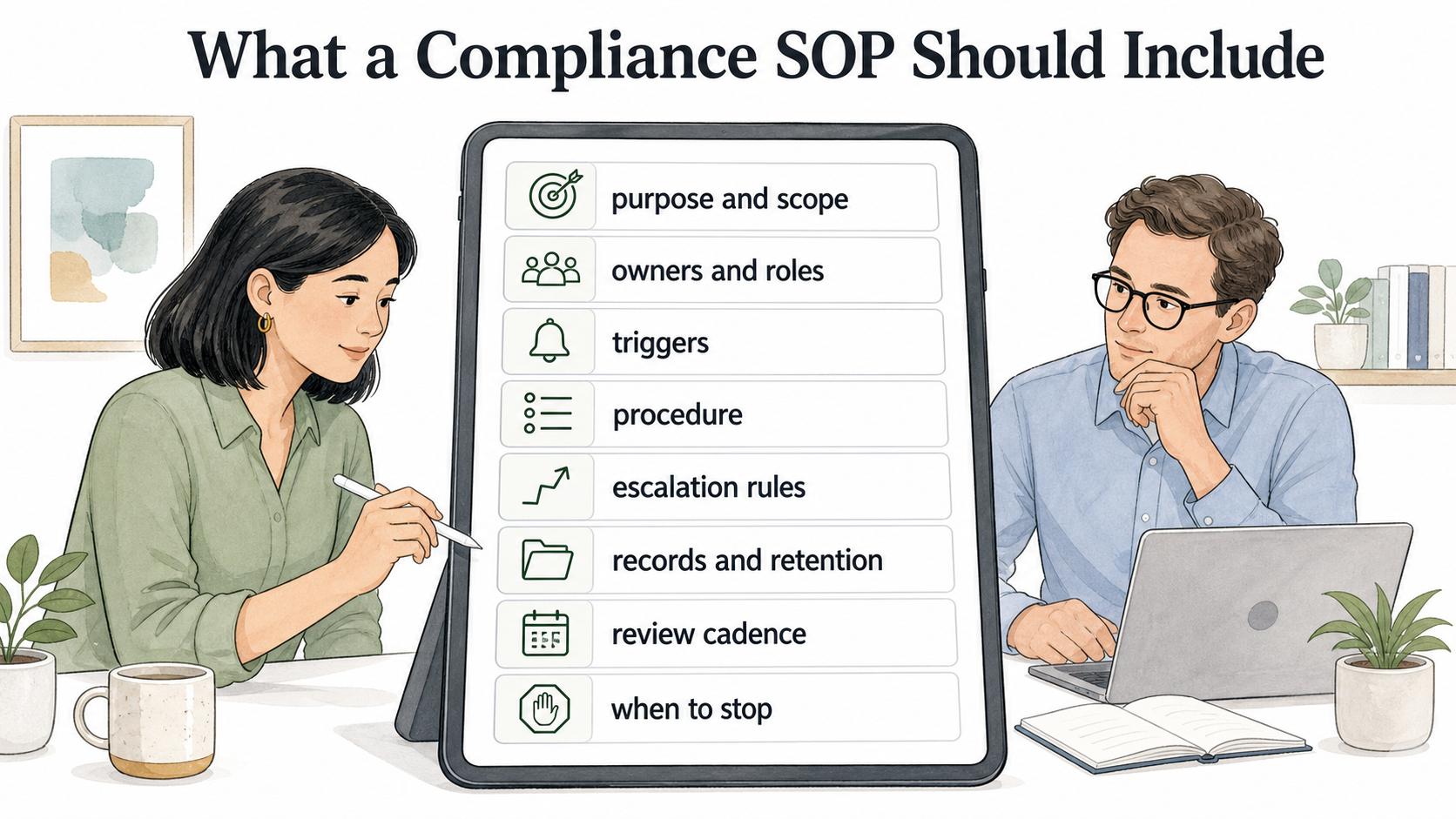 A useful compliance SOP includes purpose, scope, roles, triggers, procedure, escalation rules, records, retention, and review cadence.