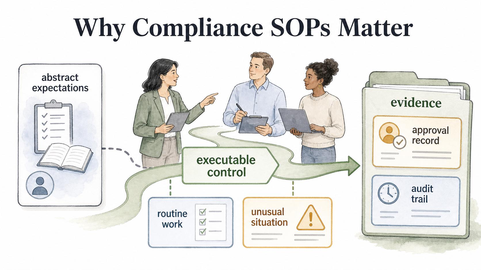 Compliance SOPs make controls executable by showing what to do in routine work, unusual situations, and evidence capture.