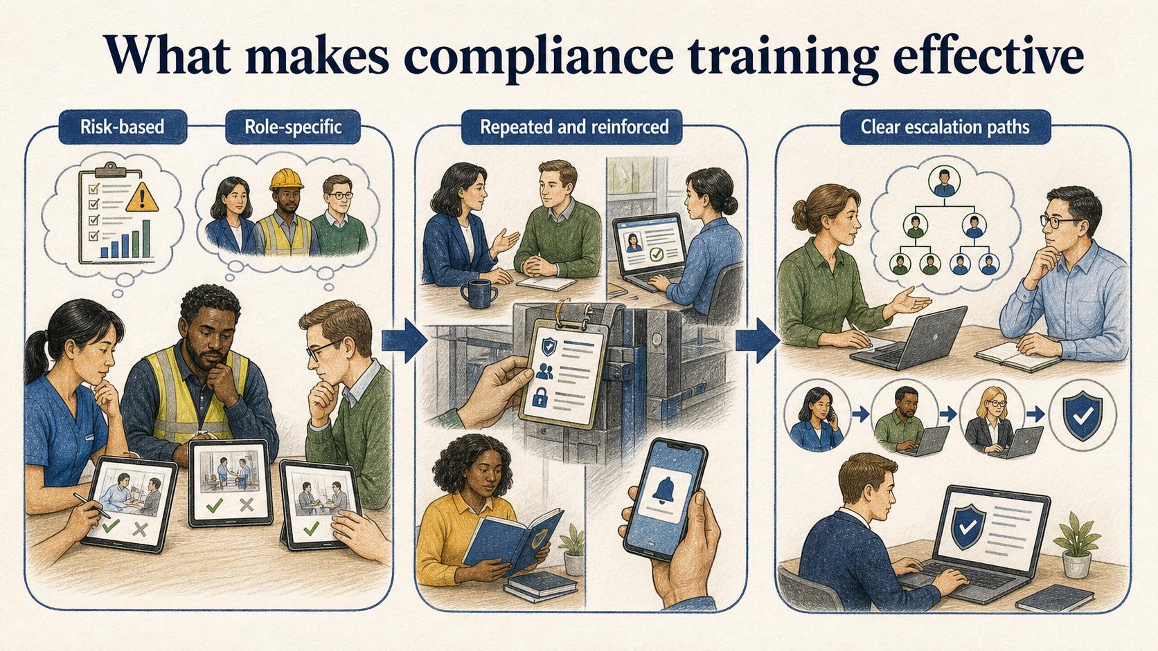 Effective training is risk-based, role-specific, repeatedly reinforced, and supported by clear escalation paths.