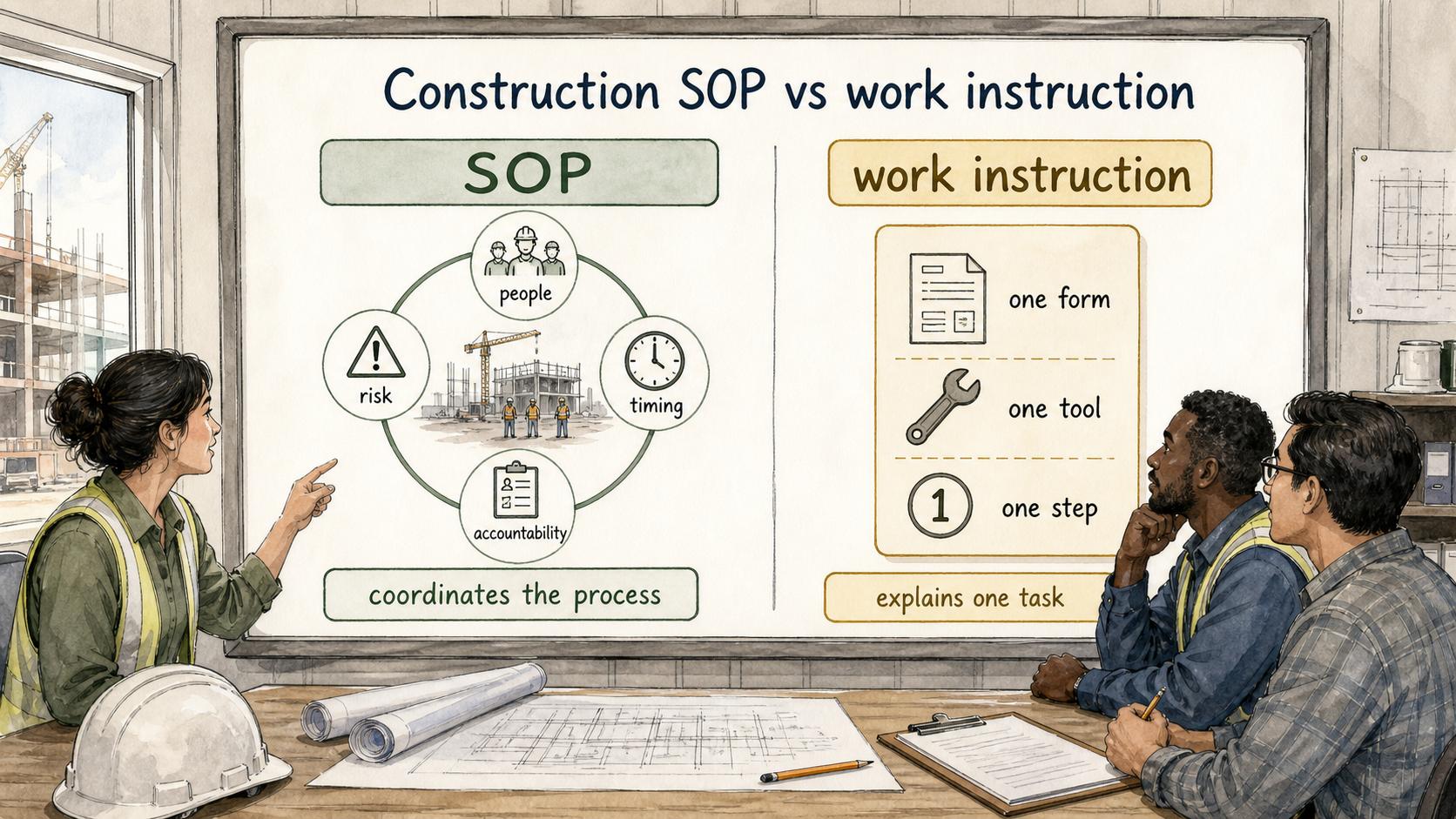A construction SOP coordinates people, risk, timing, and accountability; a work instruction explains one task inside that process.