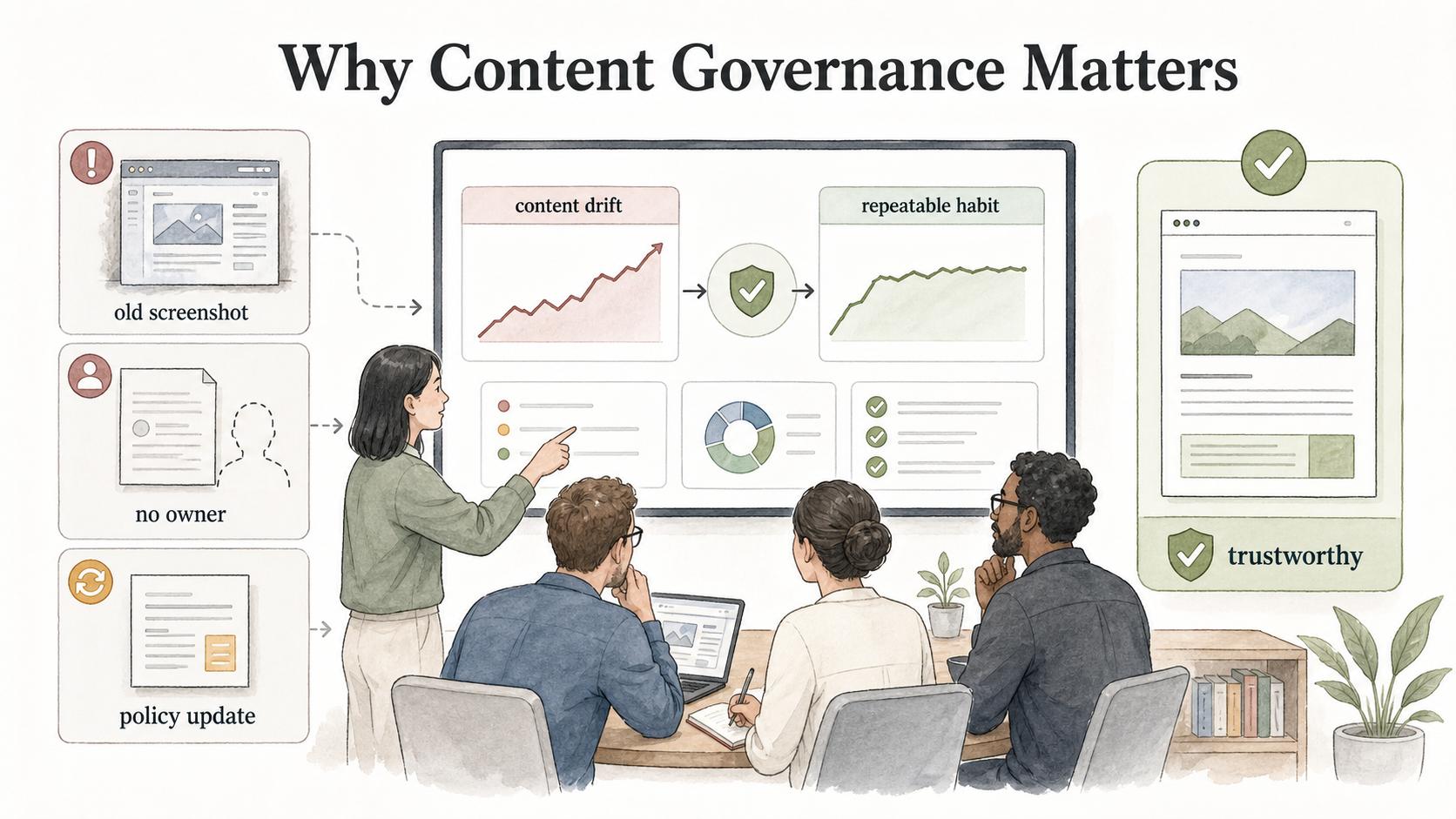 Governance prevents content drift by turning quality, ownership, and review into a repeatable operating habit.