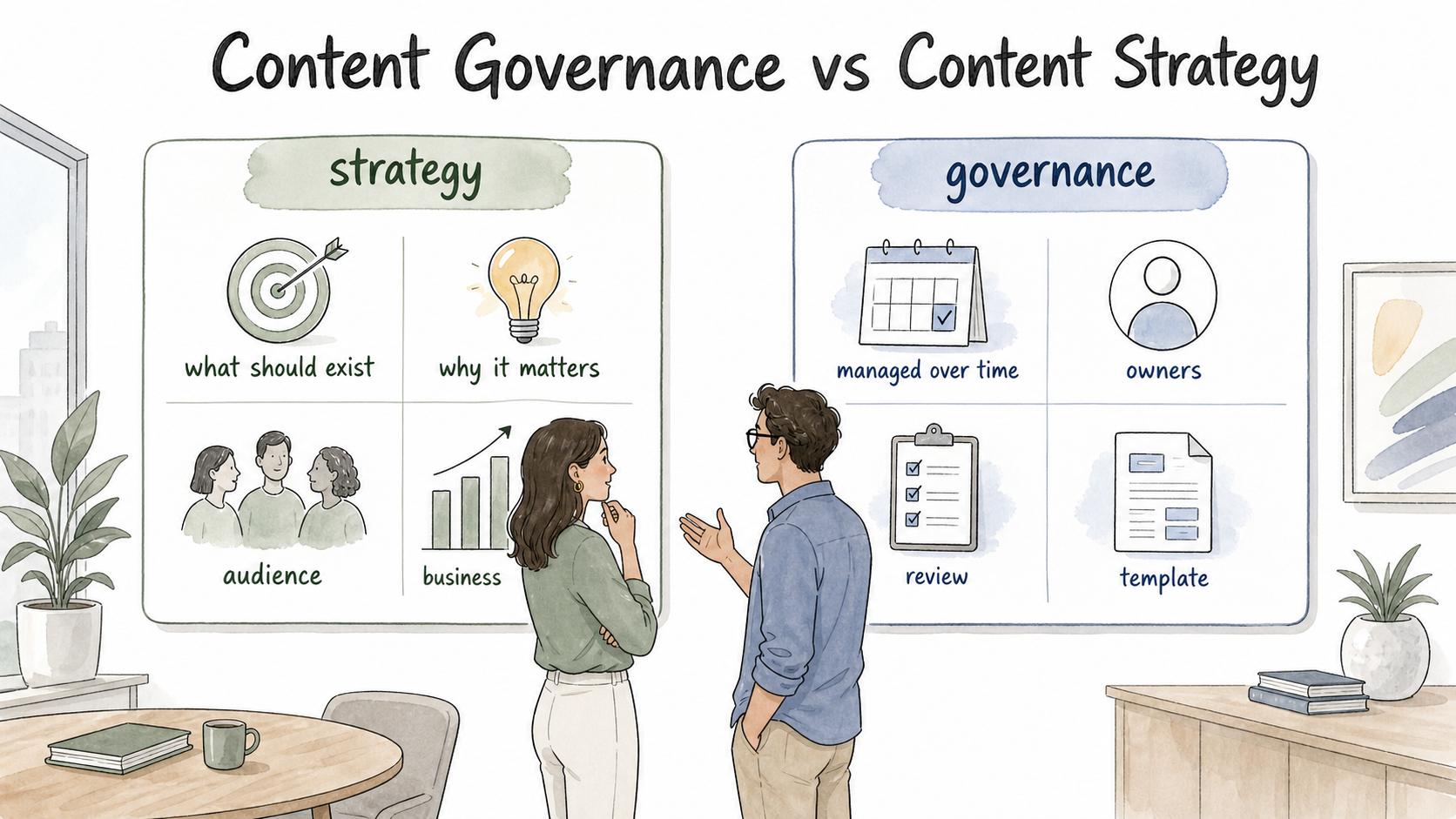 Strategy decides what content should exist; governance keeps that content useful after launch.