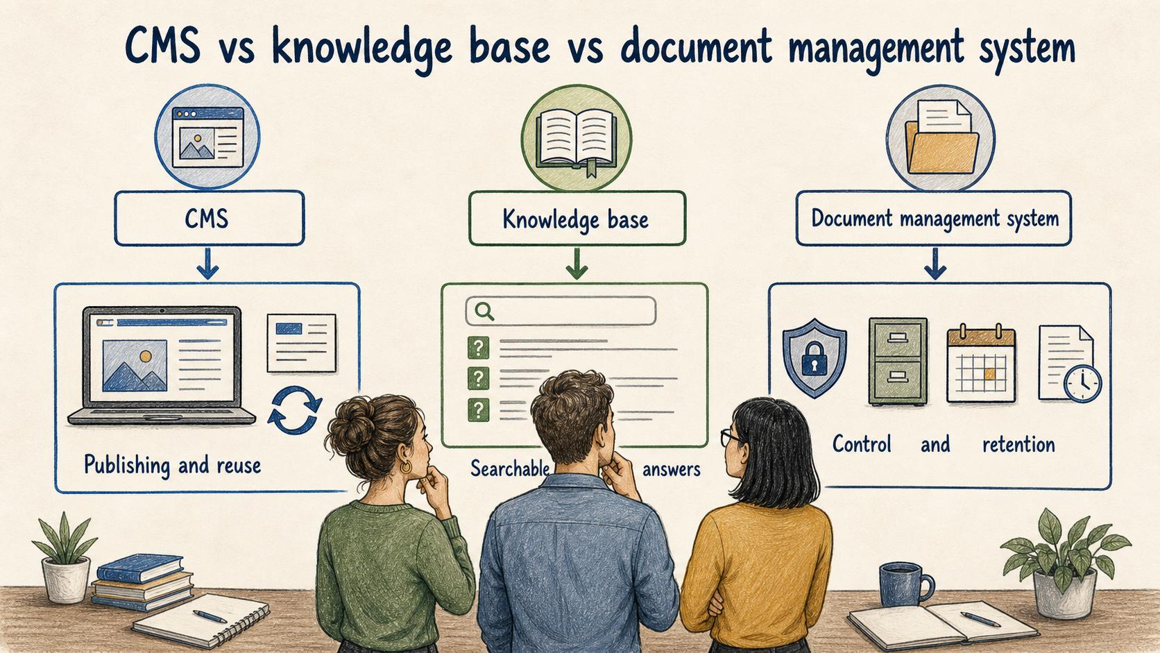 A CMS prioritizes publishing and reuse, a knowledge base provides searchable answers, and a document management system emphasizes control and retention.