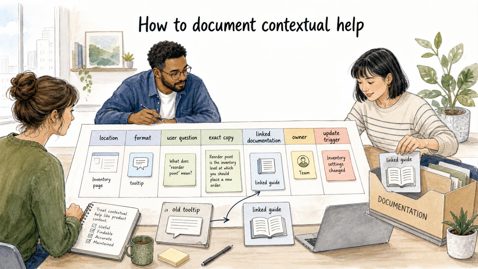 A contextual help inventory keeps location, format, user question, exact copy, linked documentation, owner, and update trigger visible.