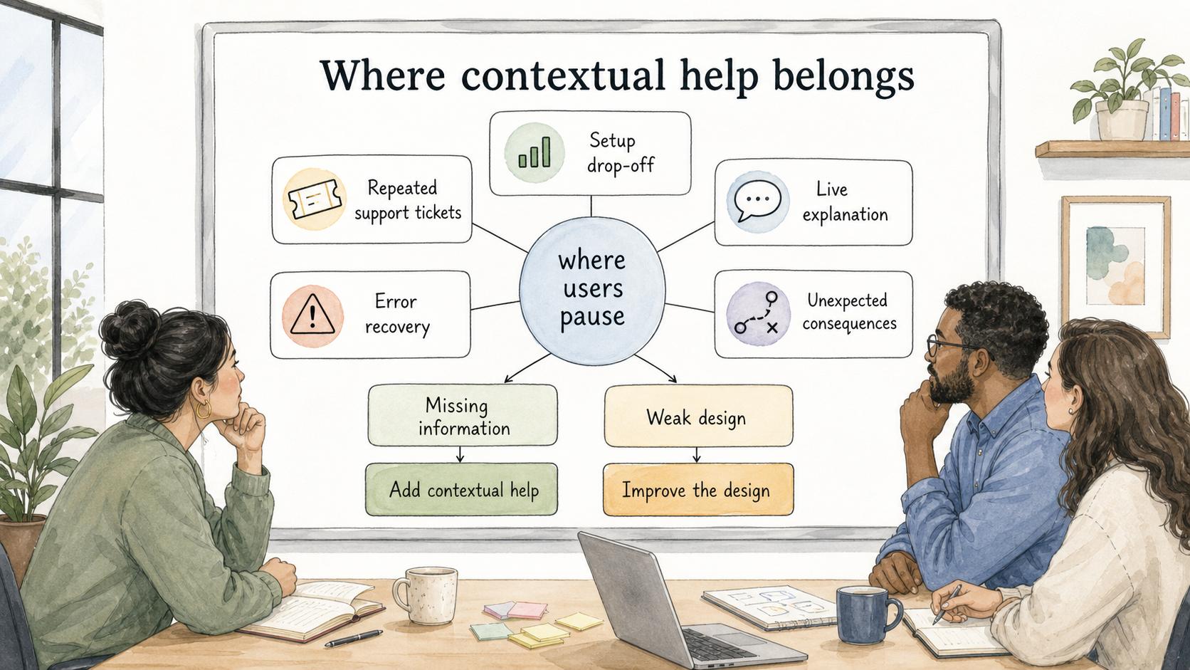 Add contextual help where users pause because information is missing; improve the design when the interface itself is the problem.