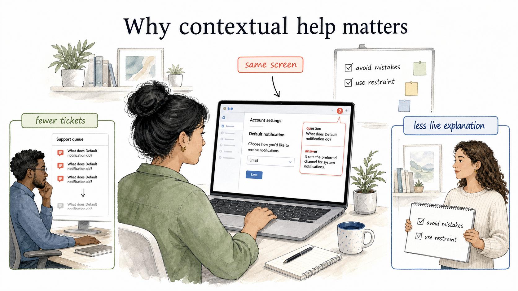 The best contextual help keeps users on the same screen while reducing repeated tickets and live explanations.