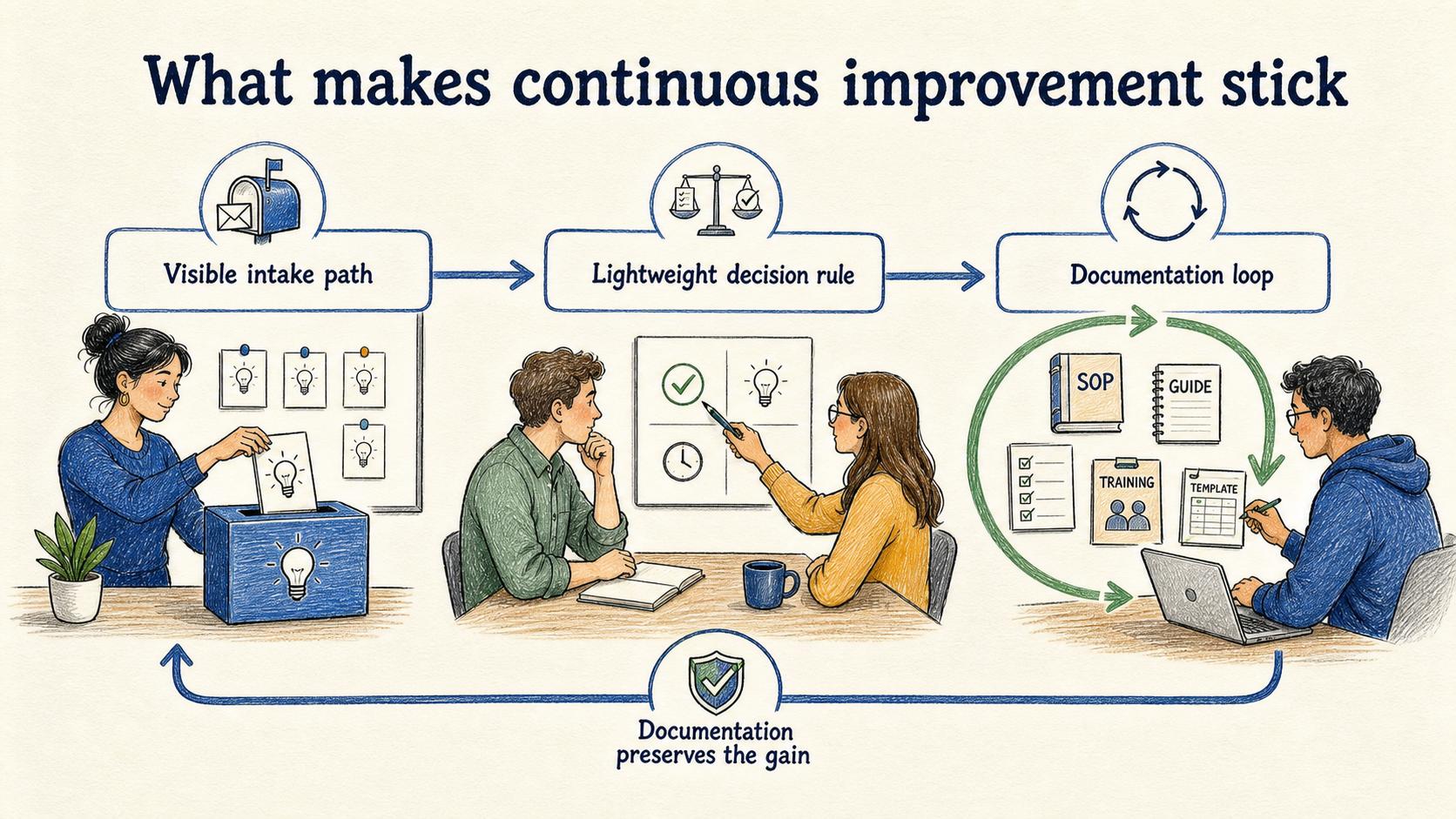 A visible intake path, a lightweight decision rule, and a documentation loop keep improvements moving.