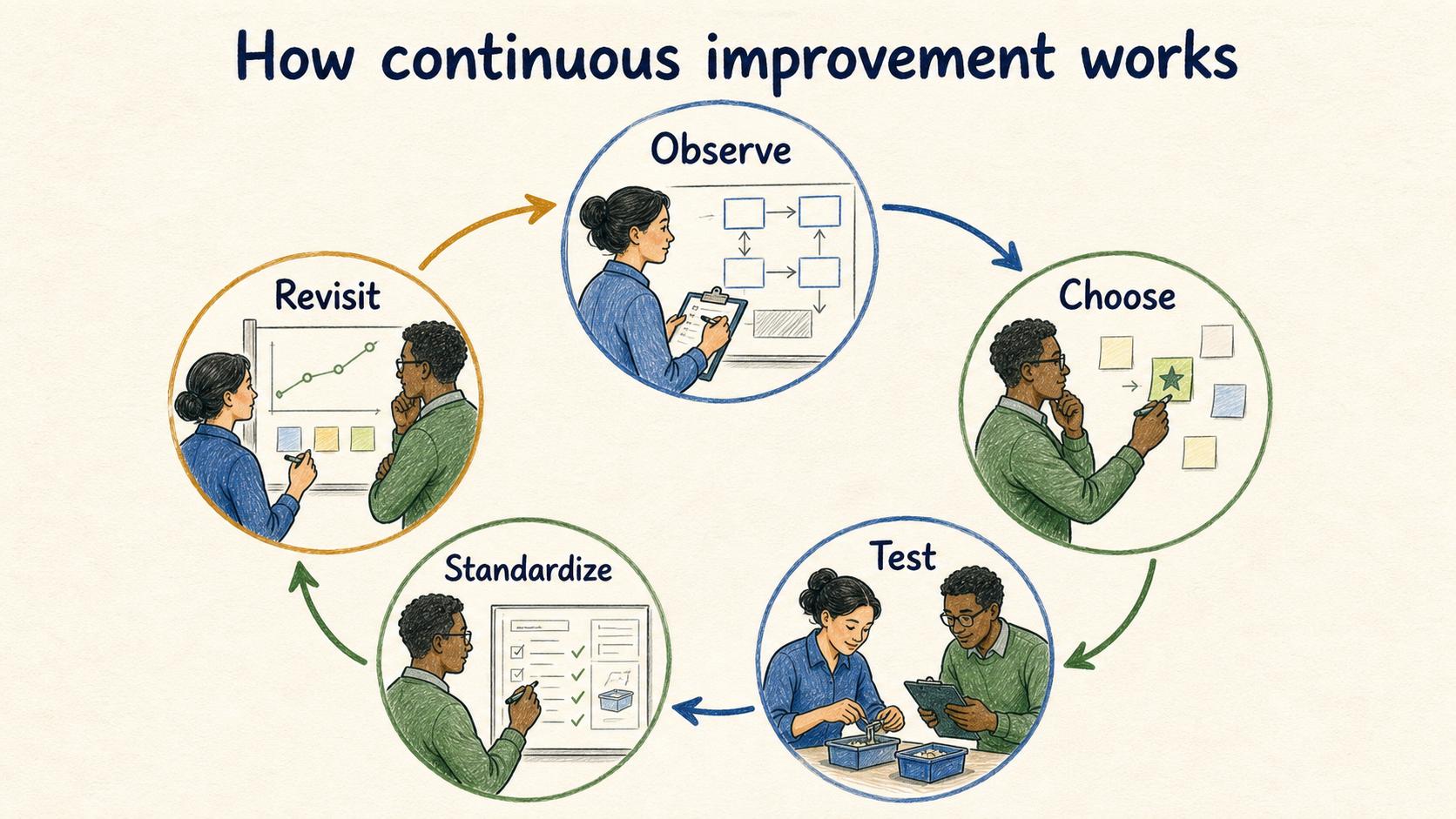 Continuous improvement follows a repeatable loop: observe, choose, test, standardize, and revisit.