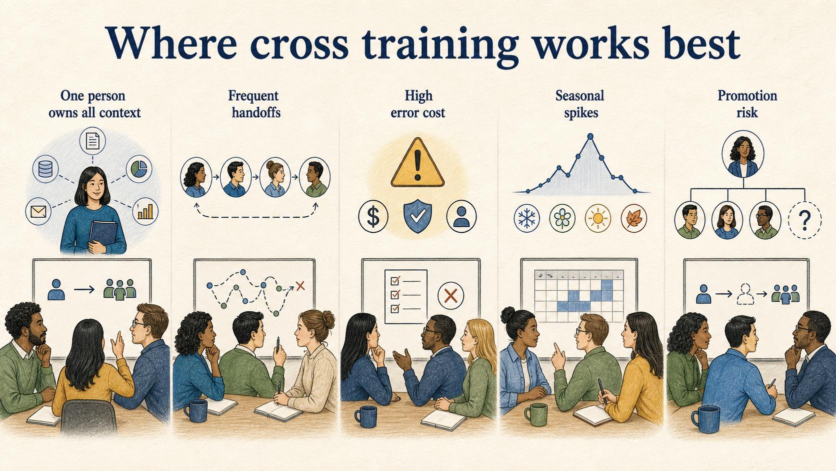 Cross training is most valuable where concentrated knowledge, handoffs, costly errors, seasonal demand, or succession risk threaten continuity.