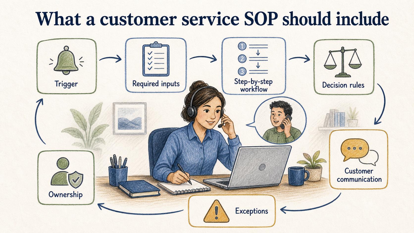 A usable SOP connects the trigger and required inputs to the workflow, decisions, communication, exceptions, and ownership.