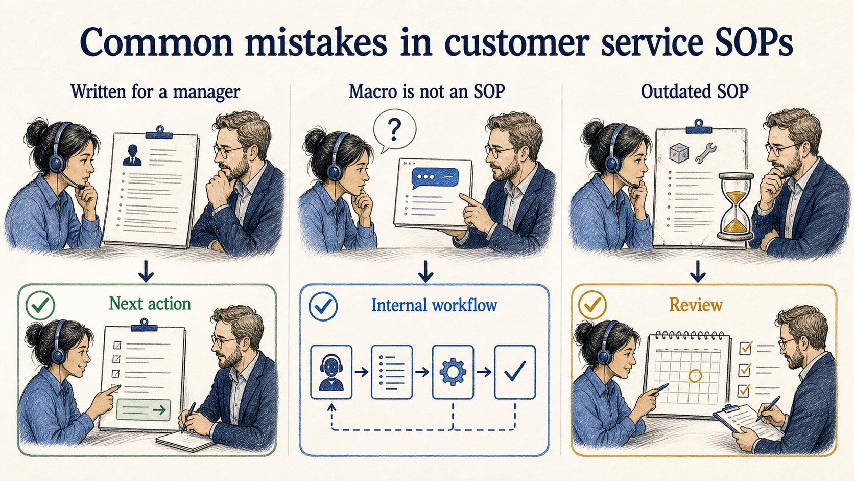 Effective SOPs are written for agents, document the internal workflow behind macros, and stay current as policies and tools change.