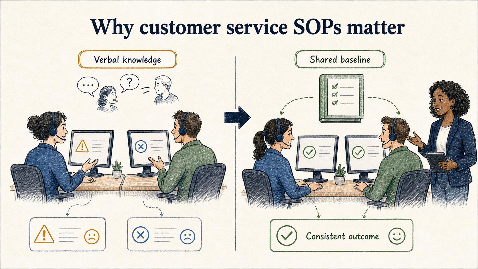 A shared customer service SOP replaces verbal knowledge with a consistent baseline for every agent.