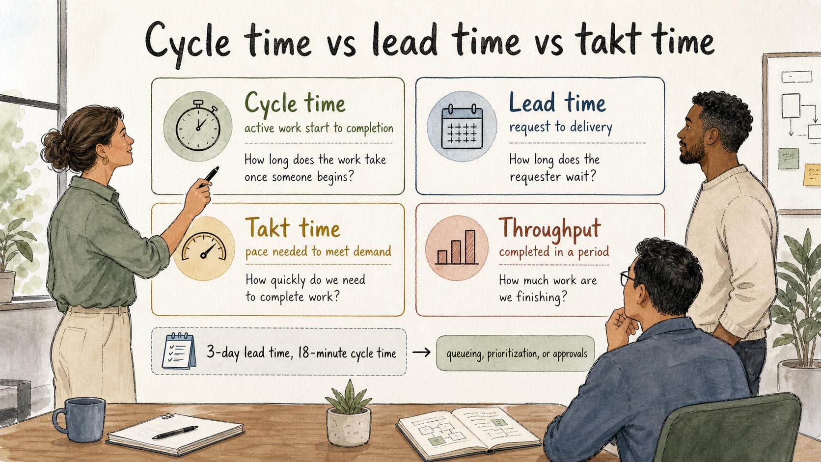 Cycle time, lead time, takt time, and throughput answer different operational questions, so the measurement boundary matters.