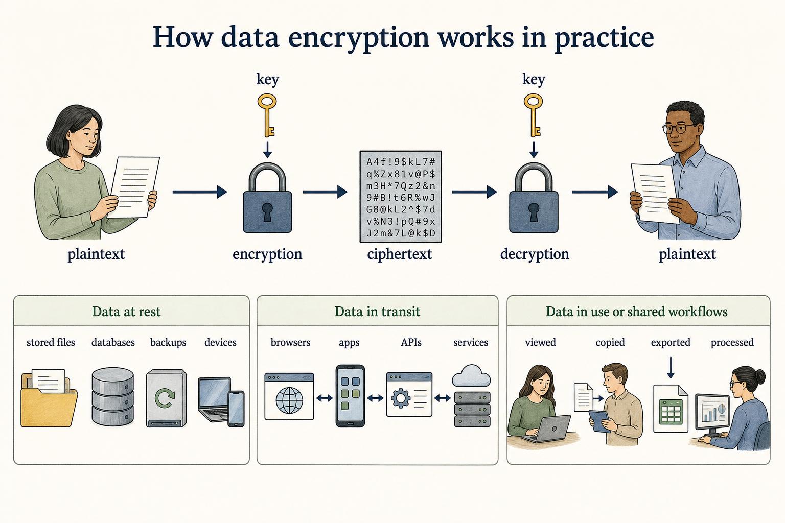 Encryption uses a key to convert readable plaintext into protected ciphertext and restore it for an approved recipient.