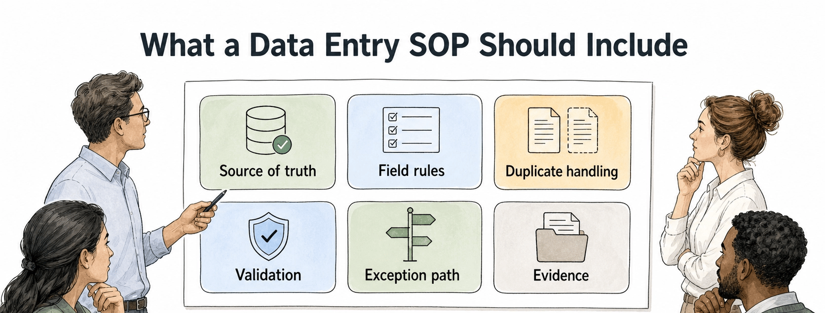 Strong data entry SOPs define source of truth, field rules, duplicate handling, validation, exception paths, and evidence.