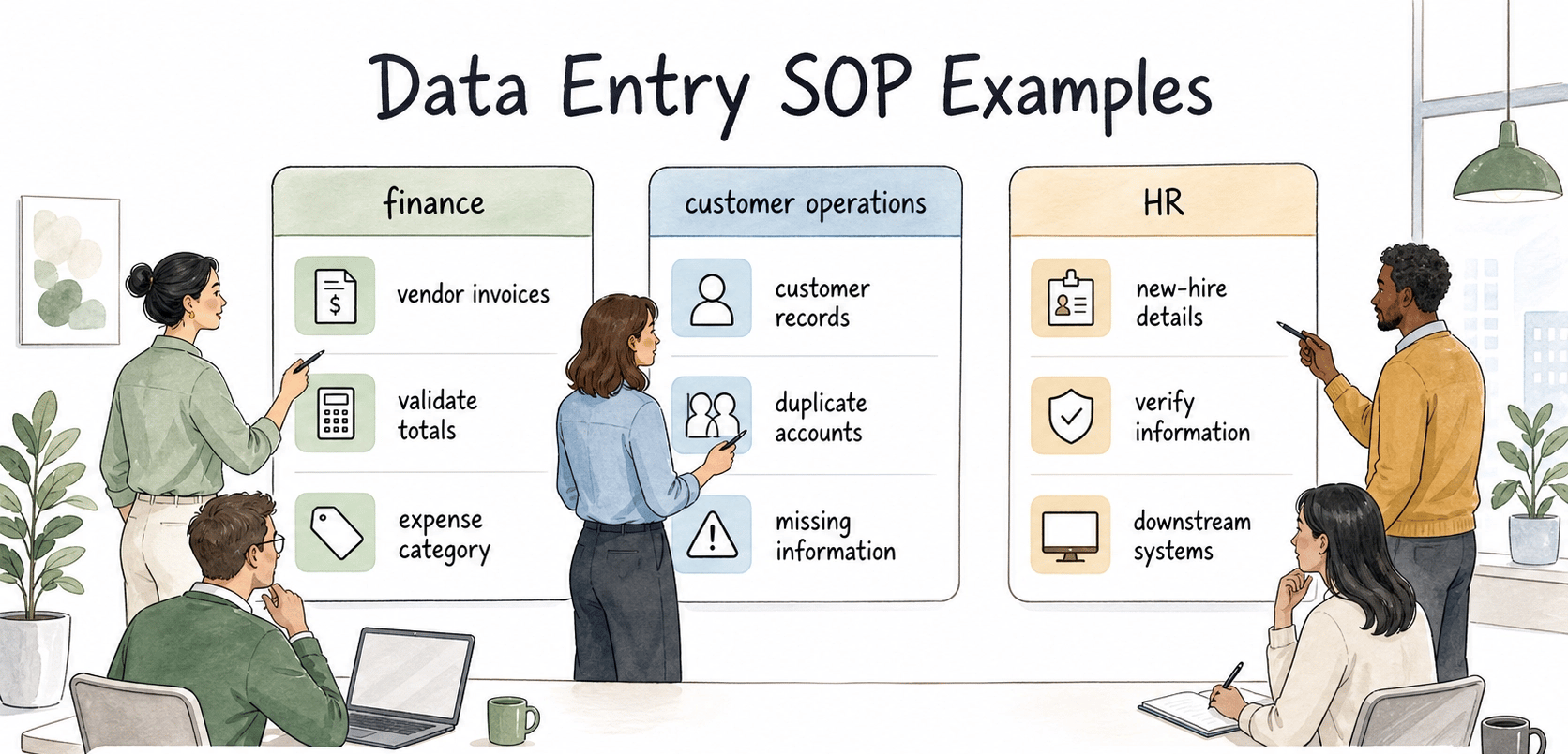 Finance, customer operations, and HR data entry workflows differ by department, but the pattern stays stable.