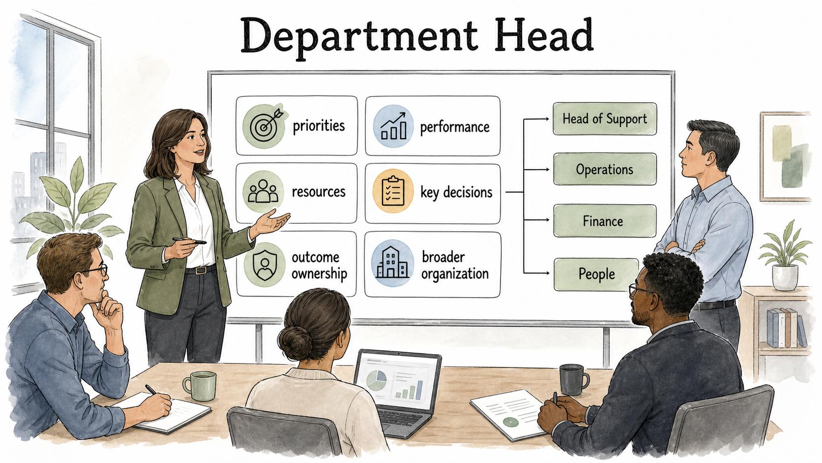 A department head owns priorities, performance, resources, key decisions, and the conditions that help the function do good work.