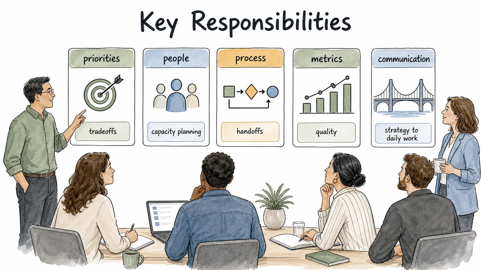 Key responsibilities include priorities, people, process, metrics, and communication between strategy and daily work.