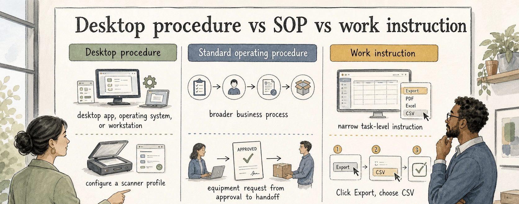 The practical difference is scope: desktop procedures cover repeatable desktop tasks, SOPs cover broader processes, and work instructions give narrow task-level direction.