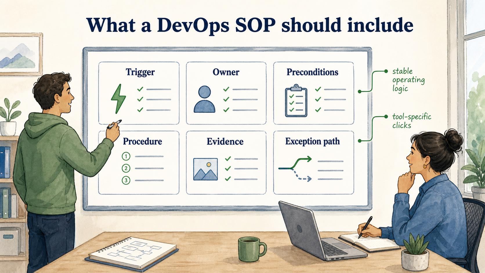 A useful DevOps SOP names the trigger, owner, preconditions, procedure, evidence, and exception path.