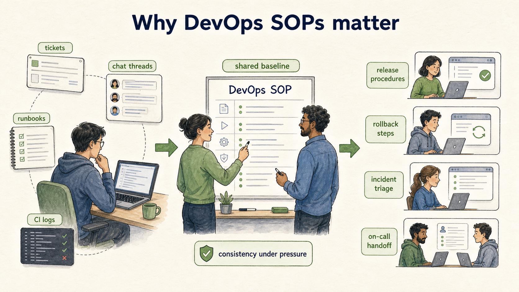 A DevOps SOP turns scattered operational knowledge into a shared baseline for risky work.