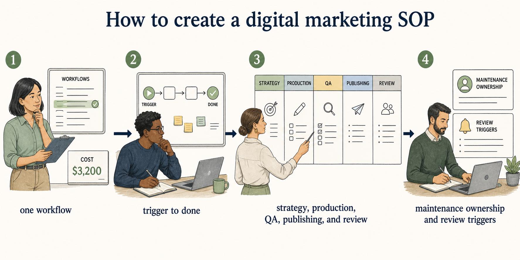 A practical digital marketing SOP structure connects the workflow trigger, owners, inputs, QA checks, exception path, and review cadence.