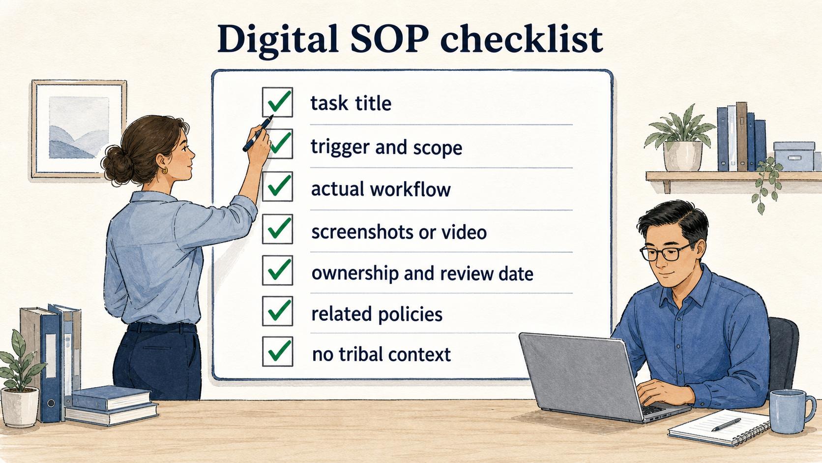 Use this checklist to confirm the SOP is findable, current, actionable, and clear to someone without tribal context.