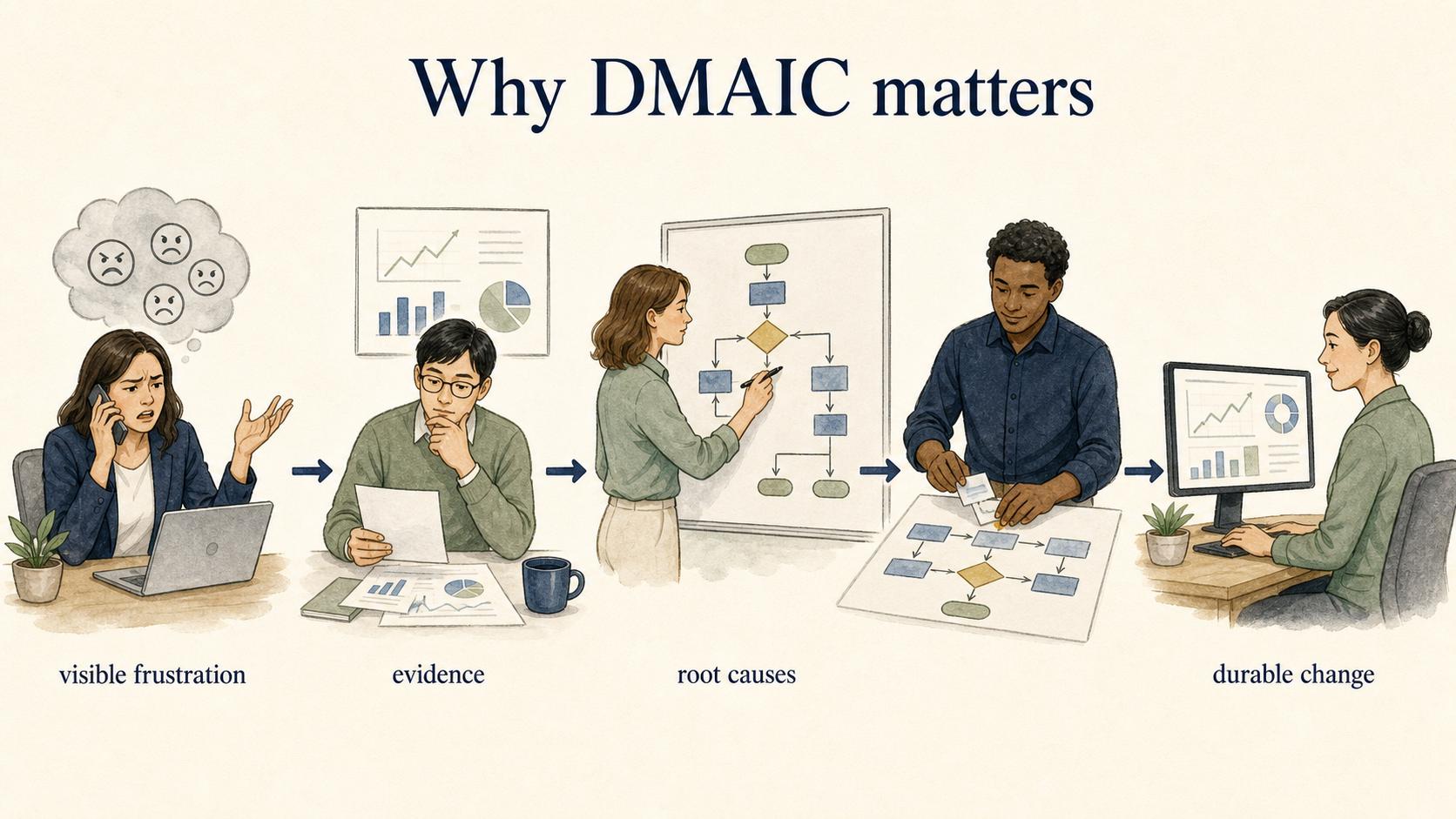 DMAIC moves teams from visible frustration through evidence and root-cause analysis to durable process change.