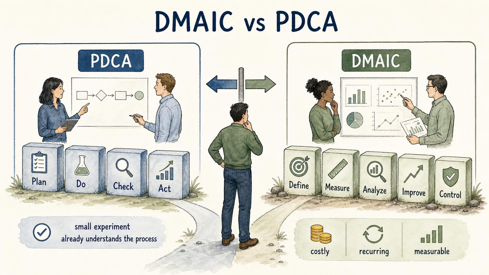 PDCA supports lighter experiments, while DMAIC provides deeper diagnosis for costly, recurring, and measurable problems.