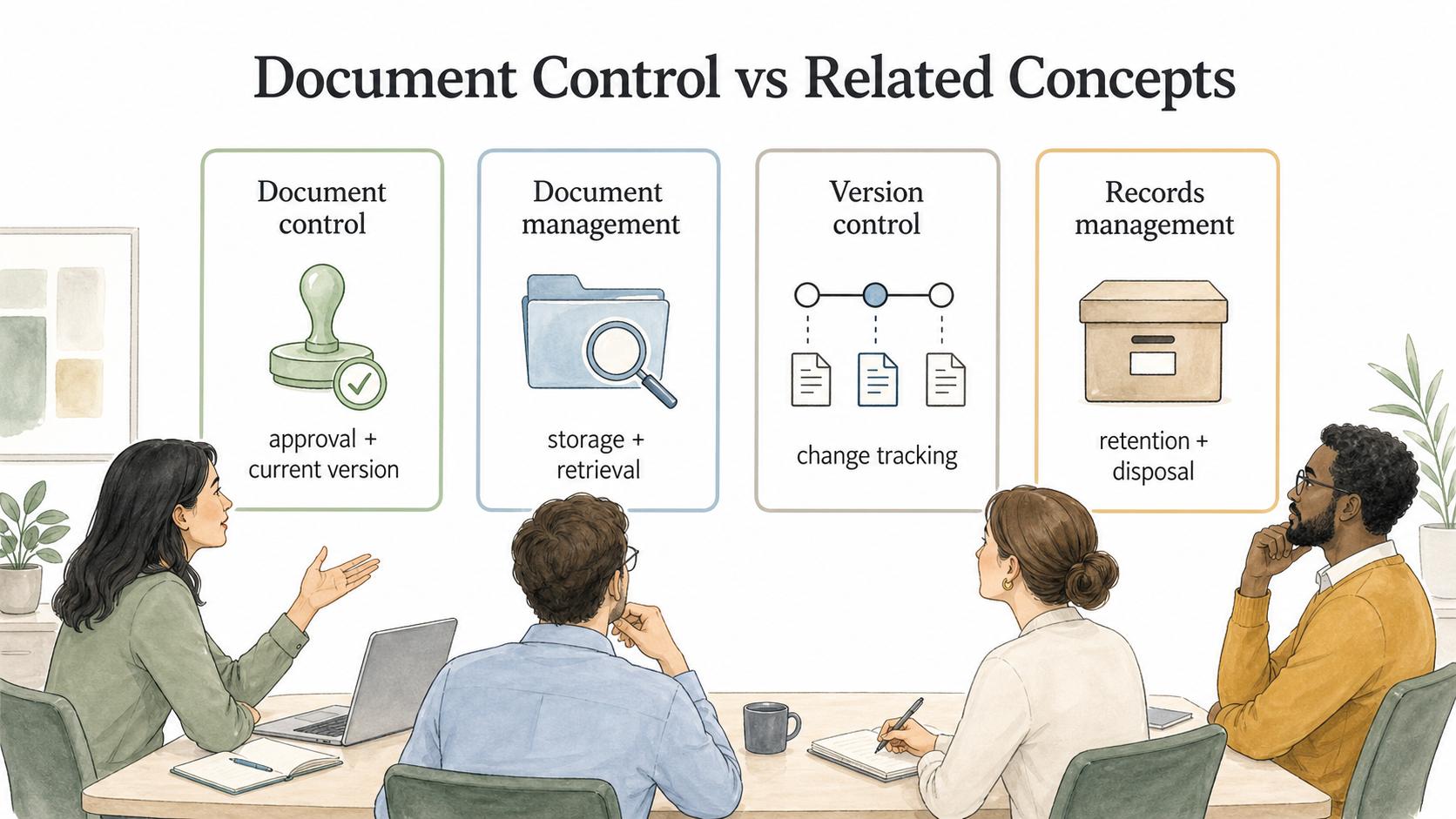 Document control focuses on approval, current versions, change history, and controlled distribution, while related practices solve different document problems.