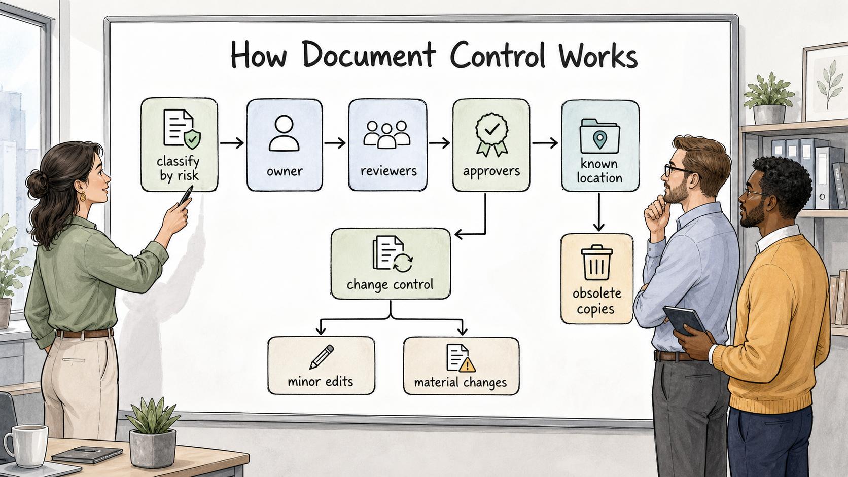 A practical document control workflow classifies risk, assigns ownership, defines review and approval, stores the known version, archives obsolete copies, and manages changes.