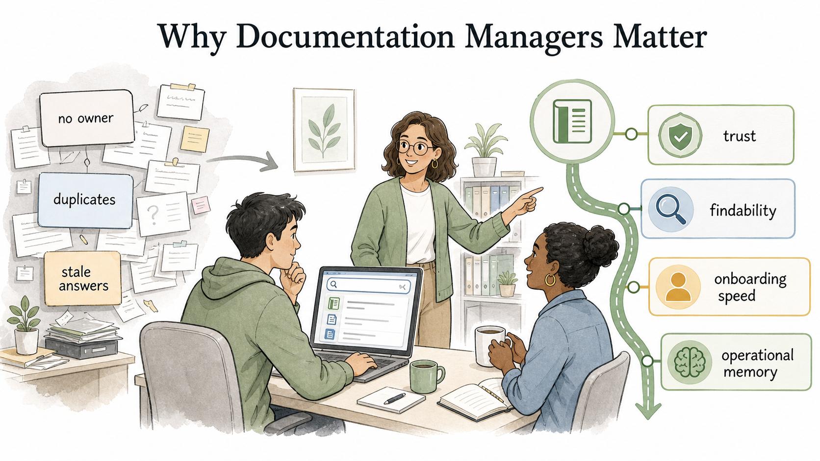 The role matters because trust, findability, onboarding speed, and operational memory suffer when docs have no owner or source of truth.