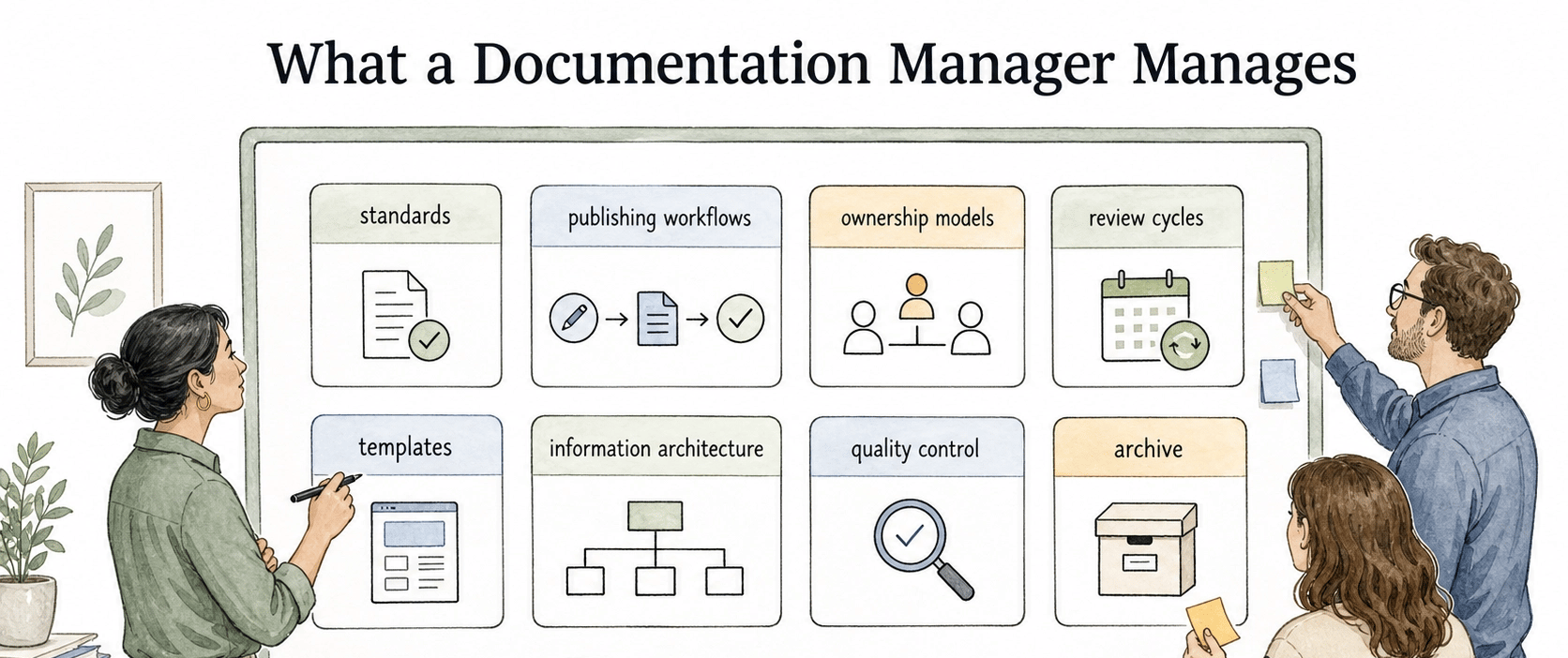 Documentation managers oversee standards, workflows, ownership models, review cycles, templates, architecture, quality control, and archiving.