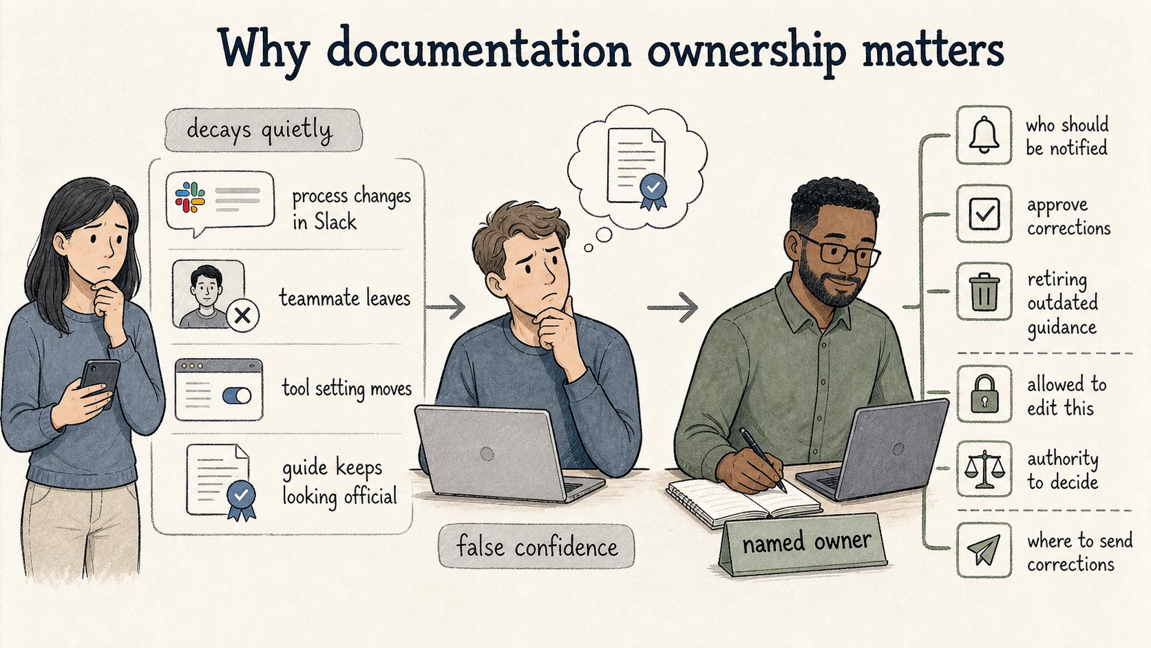 Ownership catches quiet documentation decay before official-looking pages create false confidence.