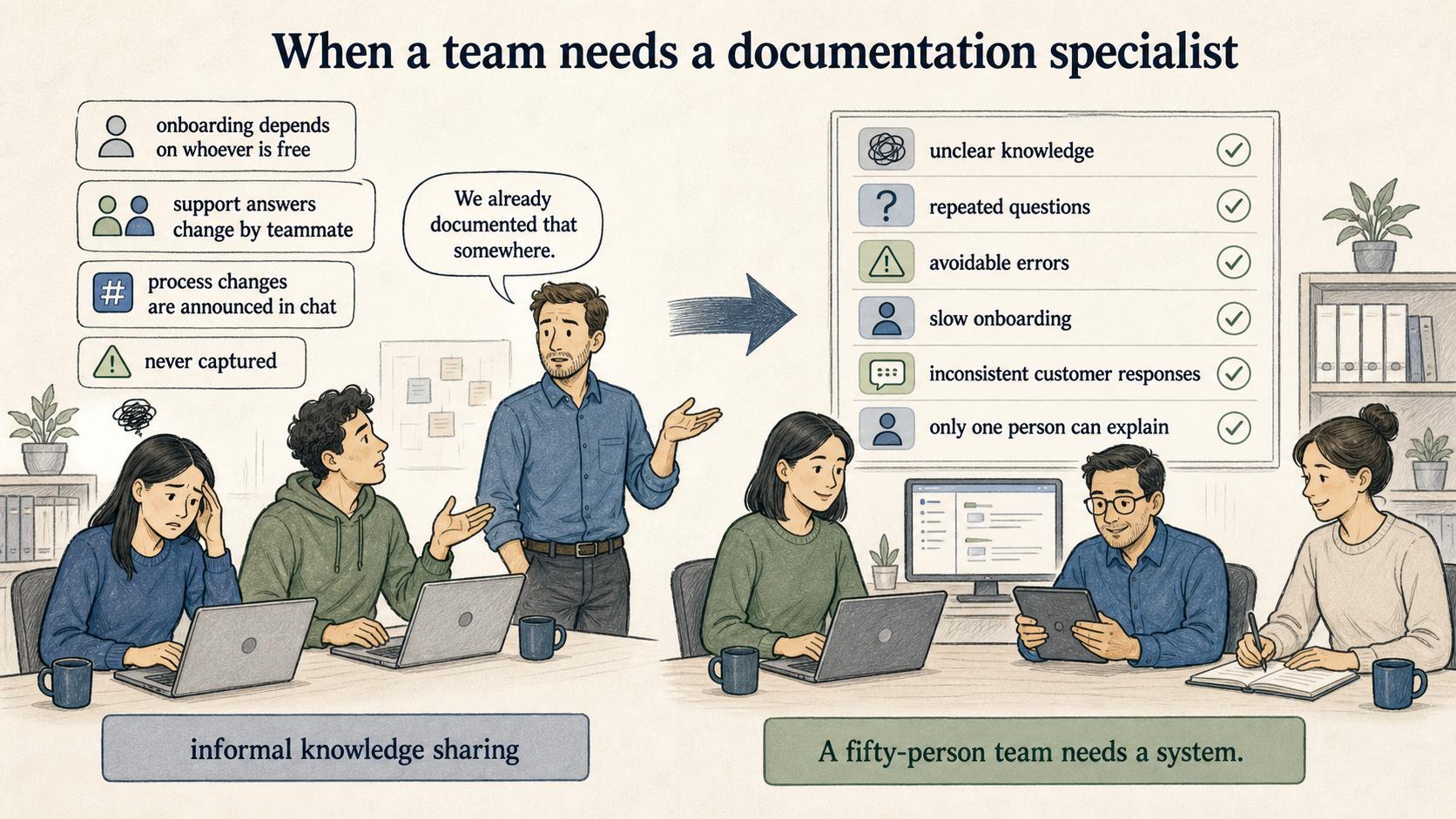 Teams need documentation ownership when unclear knowledge creates repeated questions, slow onboarding, avoidable errors, and inconsistent answers.