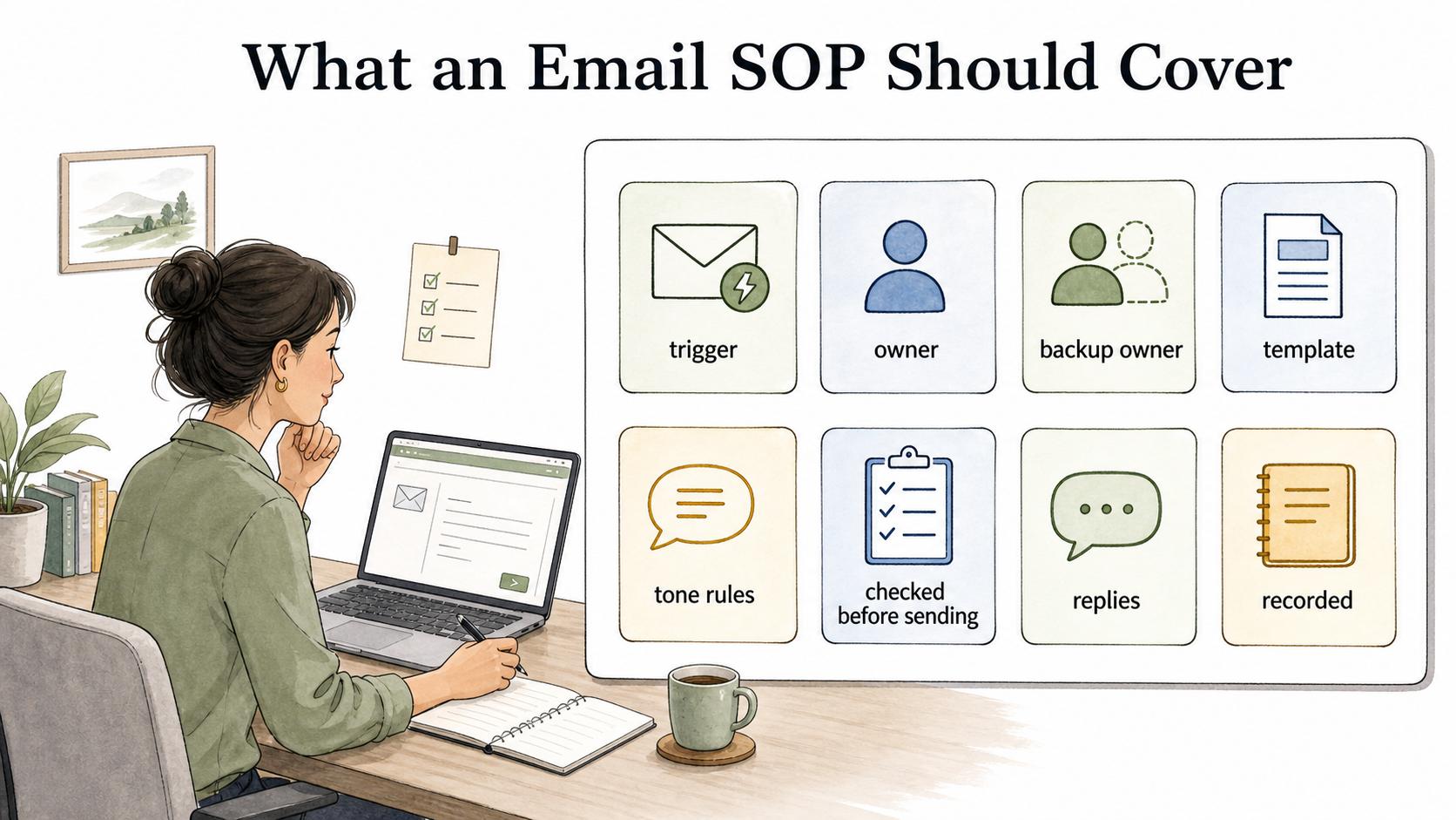 A useful email SOP defines the trigger, owner, template rules, pre-send checks, reply handling, and where the work is recorded.