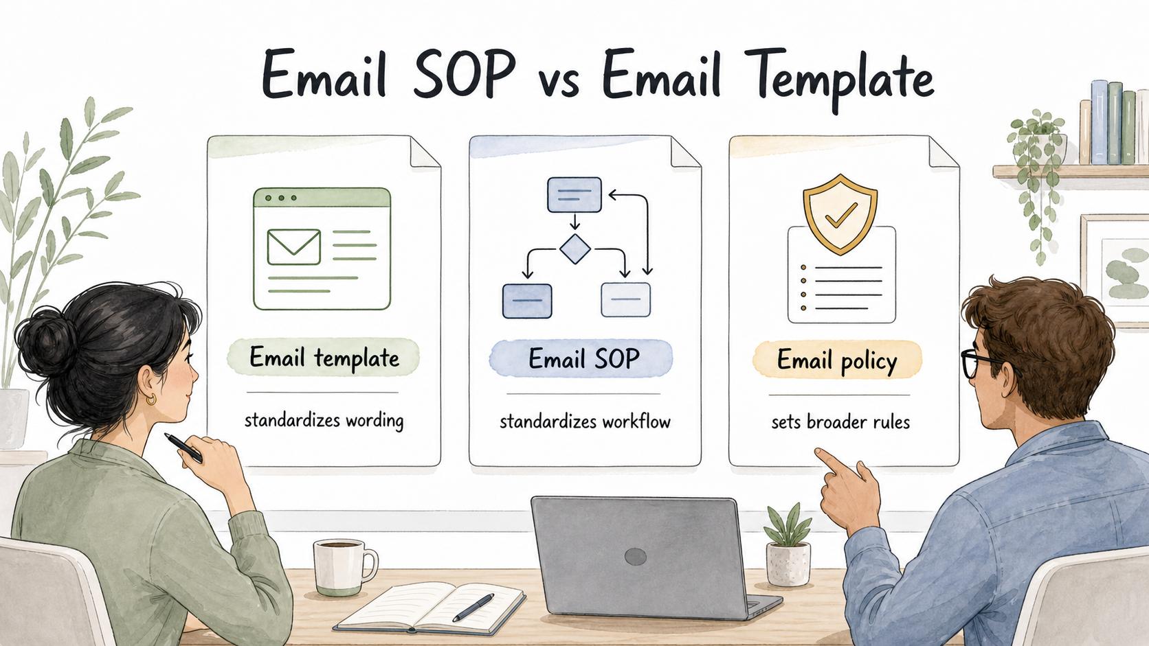 A template standardizes wording, an SOP standardizes the workflow, and a policy sets the broader rule.
