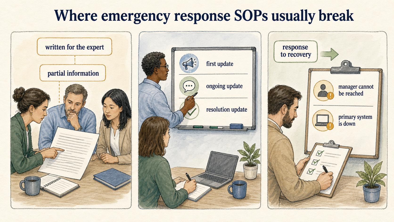 Emergency SOPs usually fail when they assume expert knowledge, vague communication, or no recovery handoff.