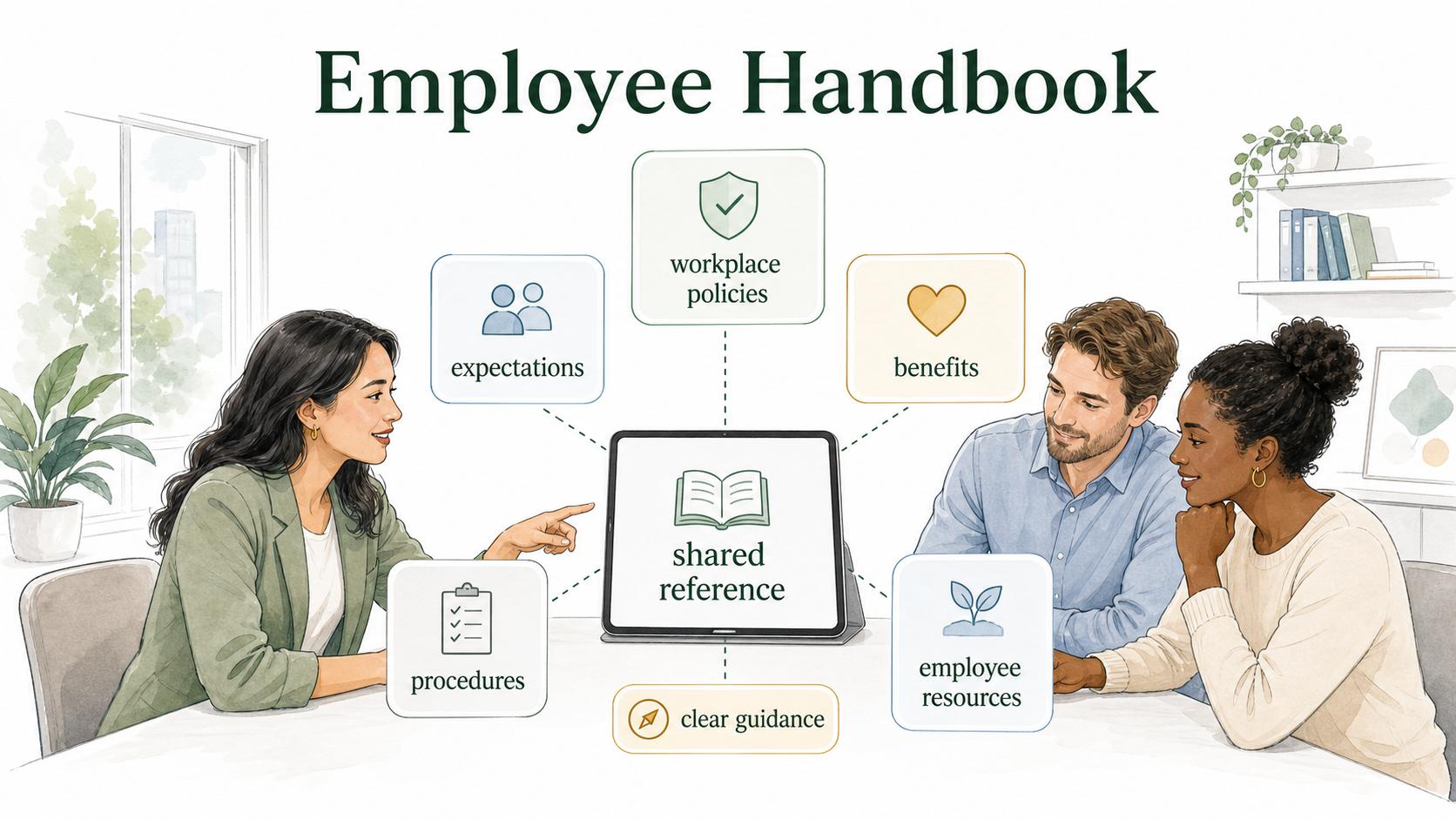 An employee handbook gives employees a shared reference for policies, expectations, benefits, procedures, and resources.