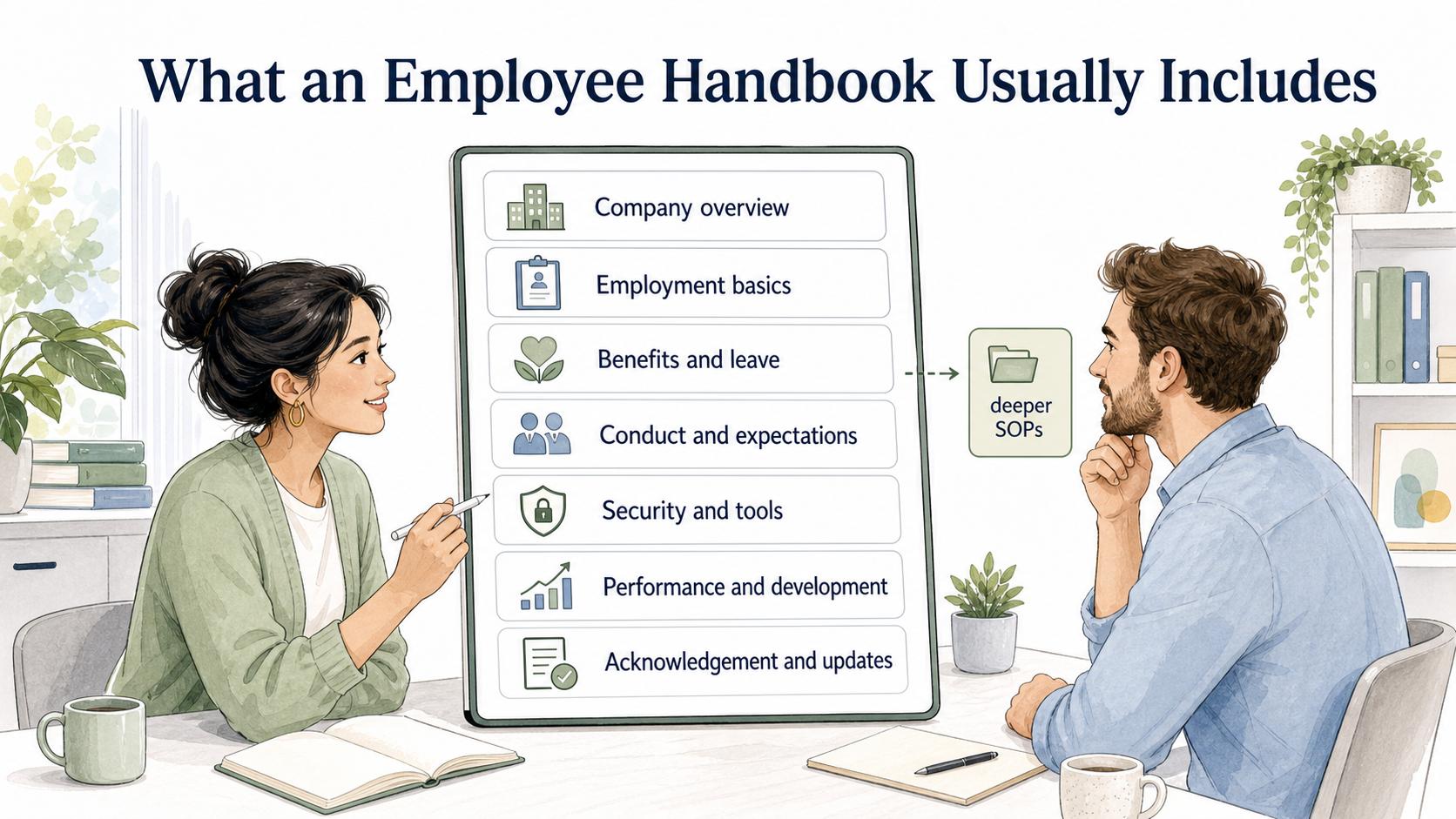 Strong handbooks organize company overview, employment basics, benefits, conduct, tools, performance, and updates without becoming a mega-document.