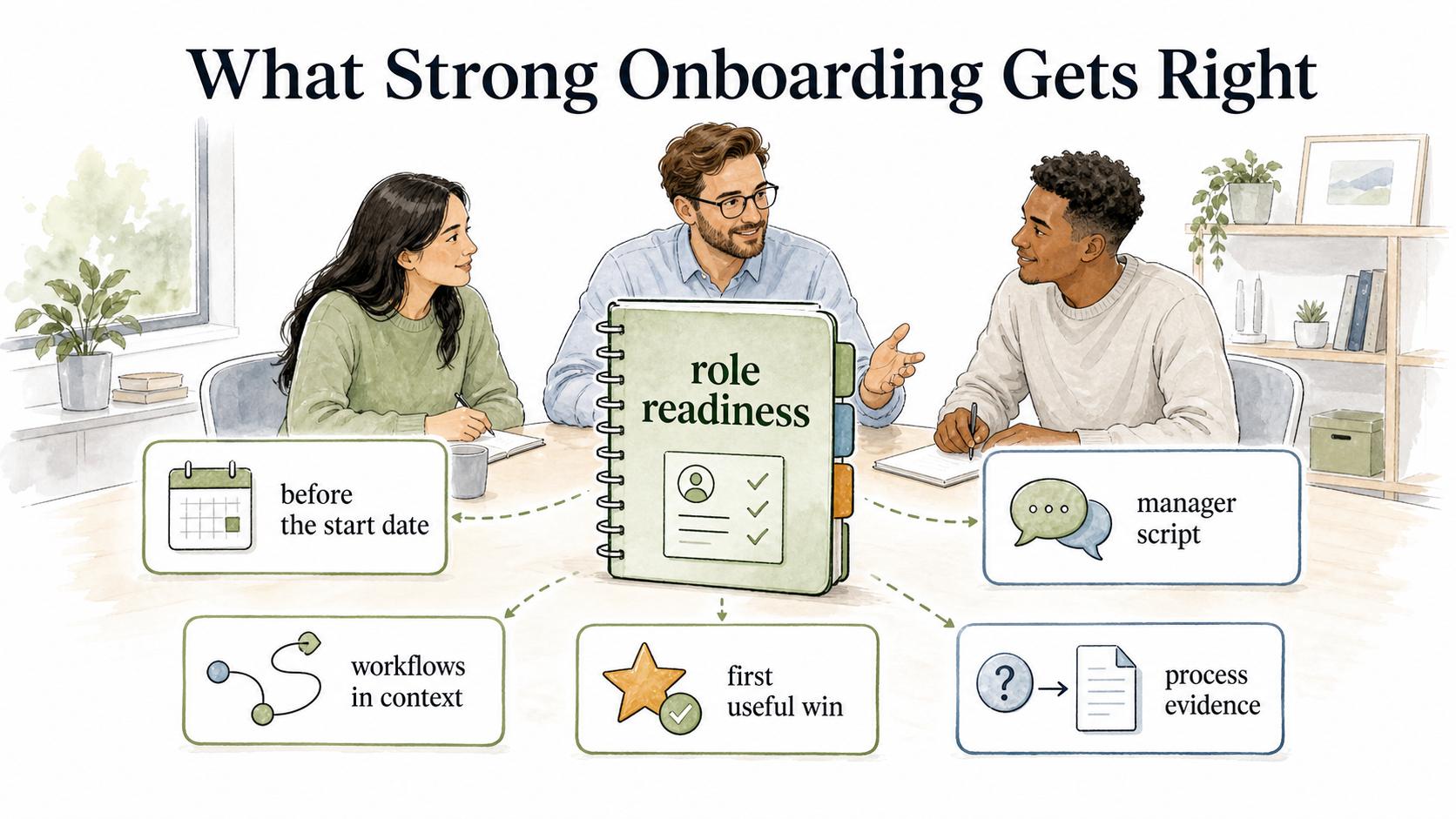 Strong onboarding starts before day one, gives managers a script, teaches workflows in context, and creates early useful wins.